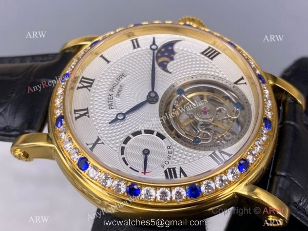 Super Clone Patek Philippe Tourbillon Moon phase Diamond Watch Gold Power Reserve 5