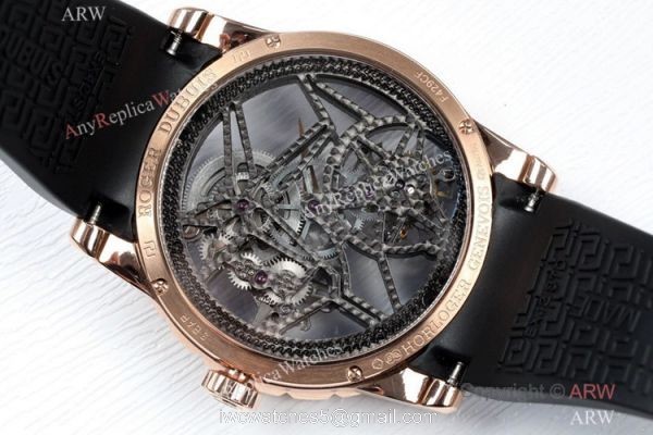 2021 New! BBR Factory Roger Dubuis Excalibur Skeleton Flying Tourbillon Watch Rose Gold Blue Rubber Strap 5