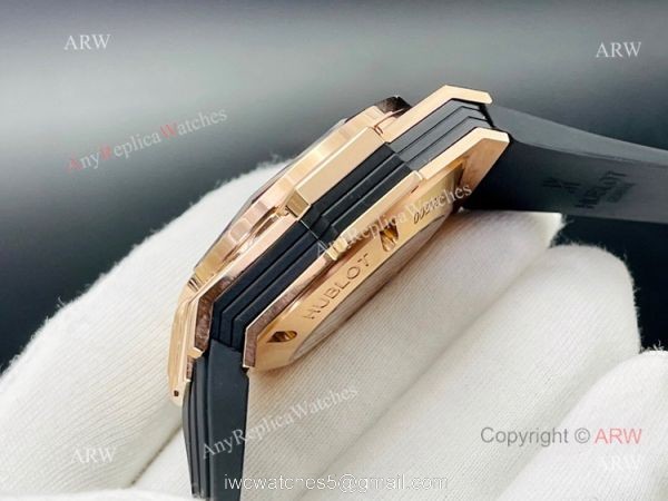 Replica Rose Gold Hublot Big Bang Sang Bleu 45 Watch Asia 7750 With Black Rubber Band 5