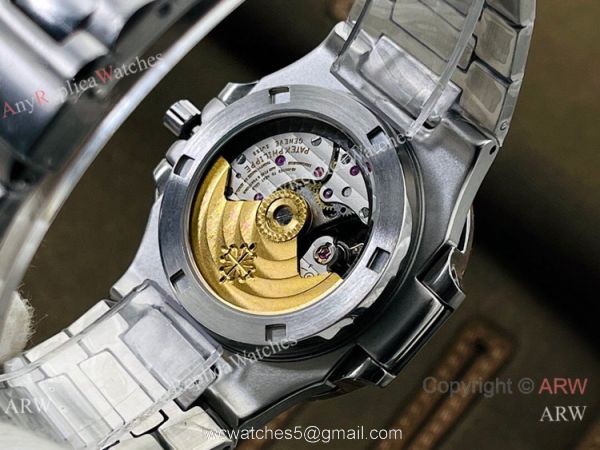 (PF Factory) Swiss Replica Patek Philippe Nautilus Moonphase Watch Black Dial Black Leather Strap 5