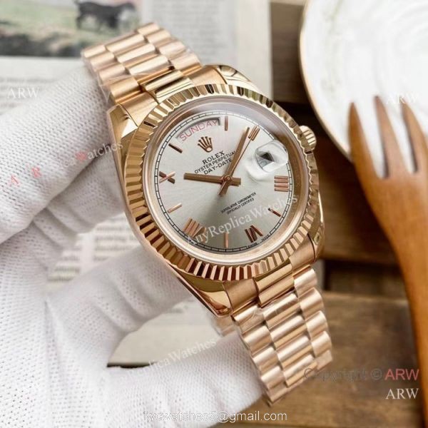 Copy Rolex Day Date 40mm Watches Black Dial Rose Gold Presidential Strap 5