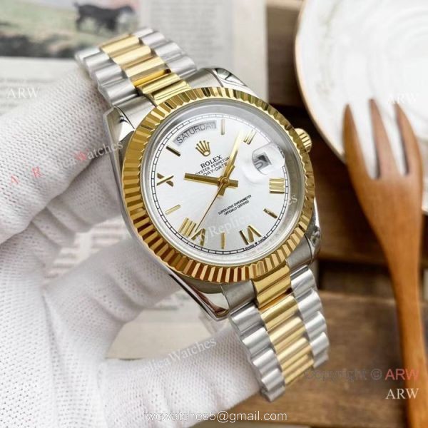 Copy Rolex Day Date 40mm Watches Chocolate Dial Two Tone Presidential Band 5