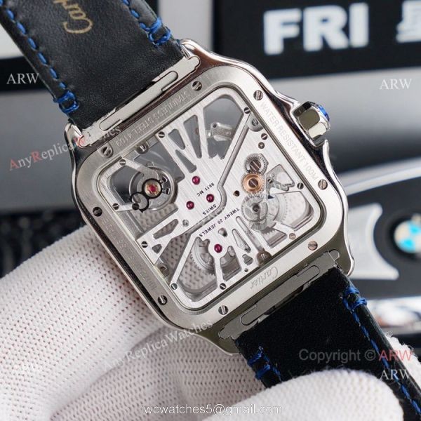 (TW ) Best Skeleton Santos De Cartier Stainless Steel Copy Watch With Blue Leather Band 5