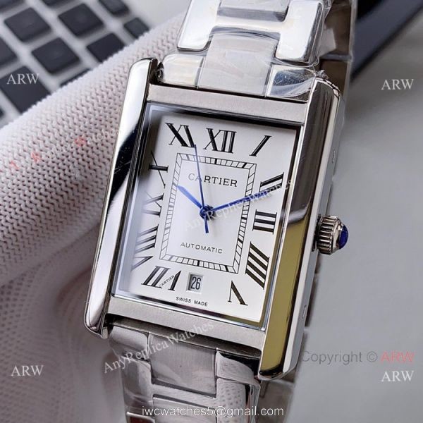 Yellow Gold Cartier Tank Automatic Copy Watch In Black Leather Strap White Dial 5