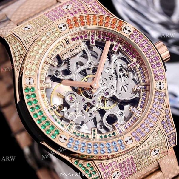 Replica Silver Hublot Skeleton Rainbow Watch 45mm for men 5