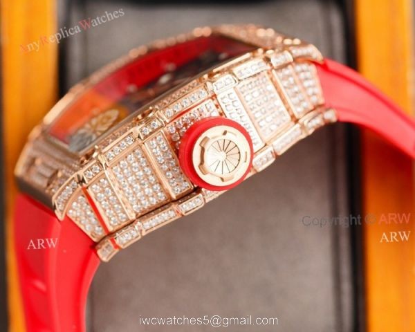 (RM Factory) Knockoff Diamond Richard Mille RM35 01 Rose Gold Watch Red Rubber Band 5