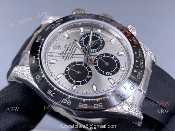 Pre-Sale Noob Factory Rolex Daytona Grey Dial Rubber Strap Swiss 4130 Watch with diamonds on the lugs 5