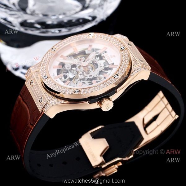 45mm Hublot Big Bang Rose Gold Skeleton Watch With Diamonds For Mens Replica 5