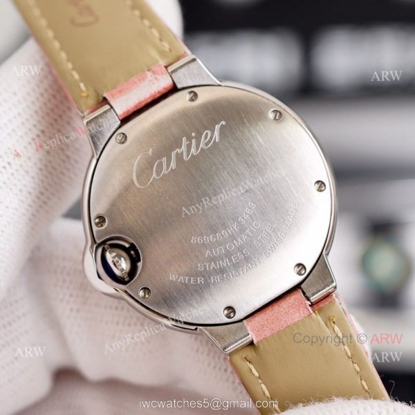 New Cartier Ballon Bleu 33mm With Diamonds Bezel Pink MOP Dial Pink Leather Strap Copy Watch 5