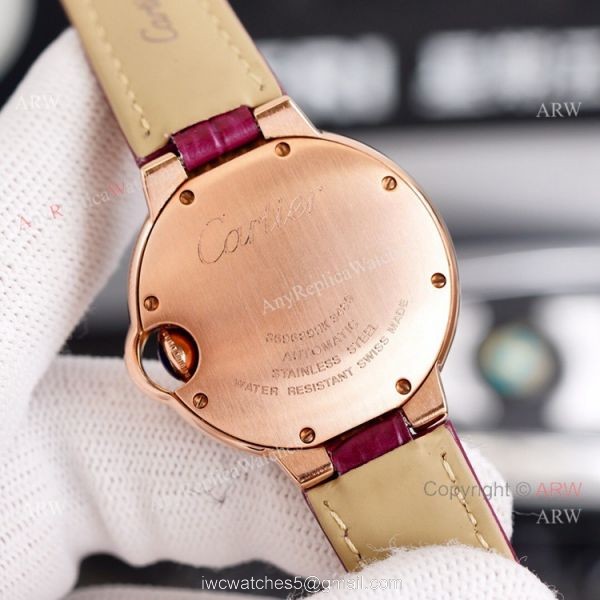New Ladies Cartier Ballon Bleu 33mm Rose Gold diamond Purple Dial Purple Leather Strap Replica Watches 5