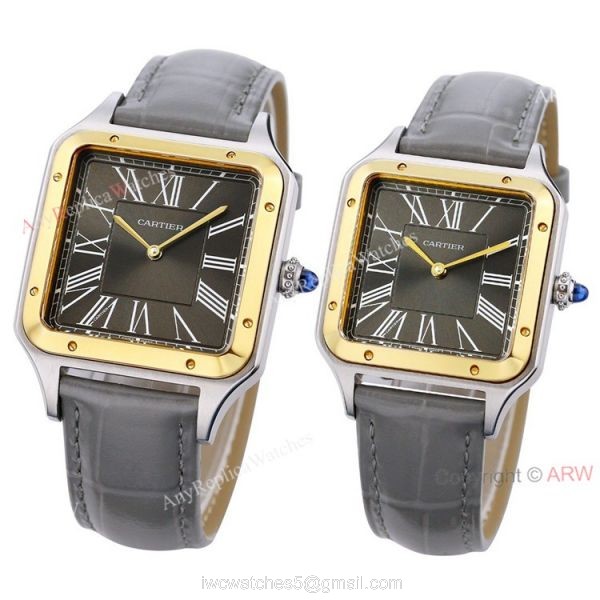Buy The Best Cartier Santos Dumont Couple Watches Grey Dial Grey Leather Strap Replica 5