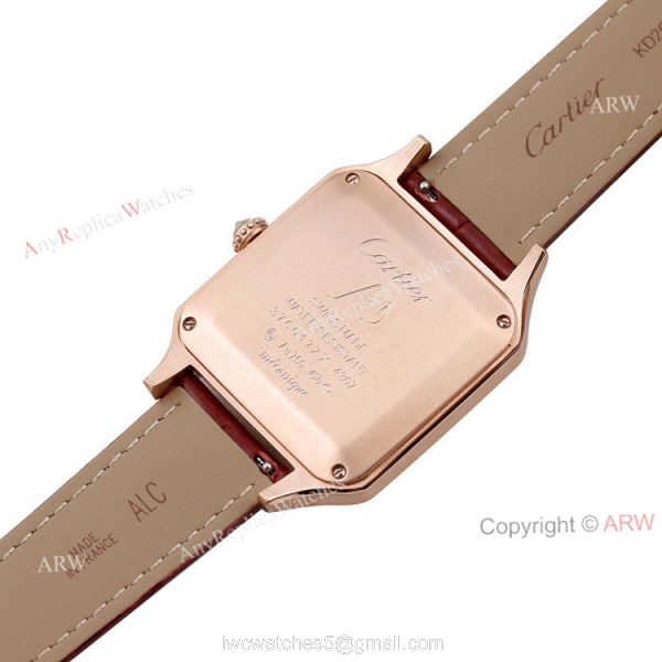 New Faux Cartier Santos-Dumont Rose Gold Couple Watch With Diamonds Bezel Brown Leather Band 5