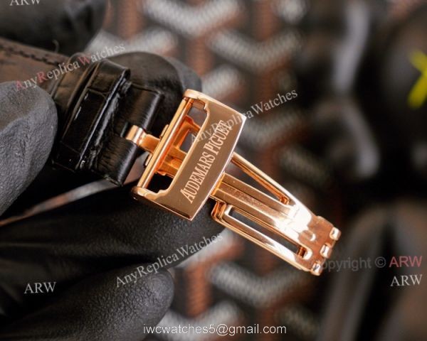 High End Replica Audemars Piguet Royal Oak Rose Gold Grey Dial Automatic Watch With Diamonds Black Leather Strap 5