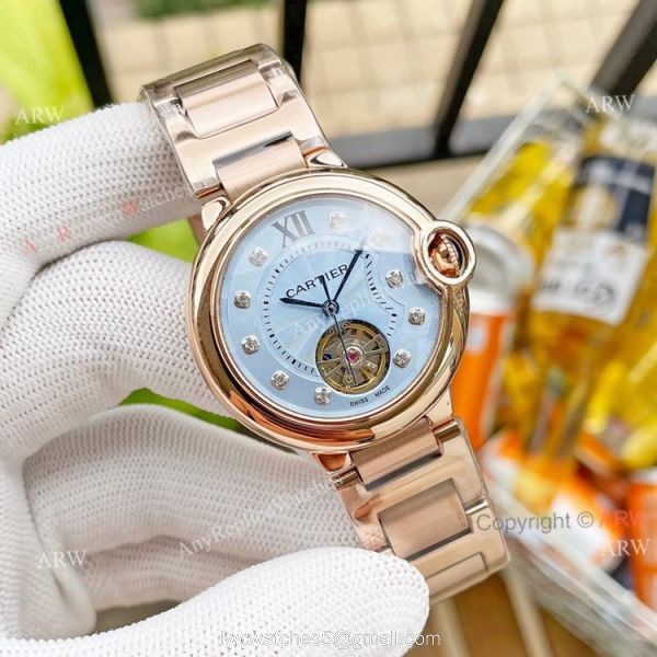 Replica Ladies Cartier Ballon Bleu Tourbillon 36mm Ice Blue Dial Watch With Diamonds 5