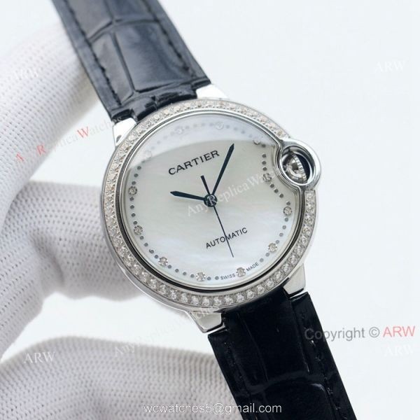 Swiss Quality 36mm Cartier Ballon Bleu Ladies Replica Watch With Diamond Bezel Brown Leather Strap 5