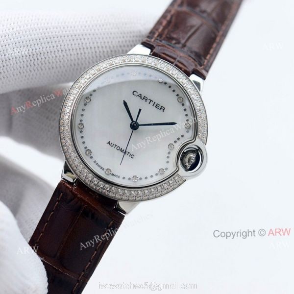 Swiss Quality Knockoff Cartier Ballon Bleu 36mm Automatic Watch With Diamond Bezel Black Leather Strap 5