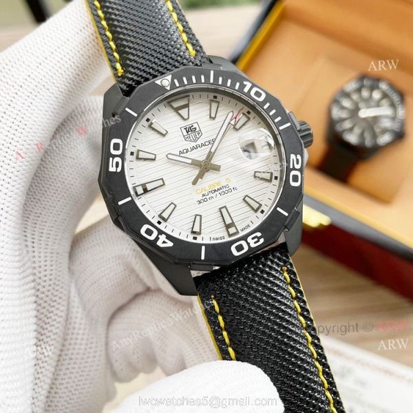 Tag Heuer Aquaracer Calibre 5 White Face 44 Replica Watch Black Steel Black Leather Strap 5