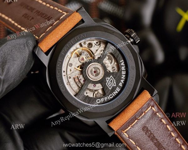 All Black Panerai Radiomir GMT Automatic Watch 45mm Brown Leather Strap High Copy 5