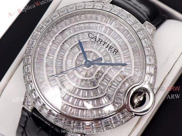 Iced Out Cartier Ballon Bleu 42mm Black Leather Strap Watch Replica 5