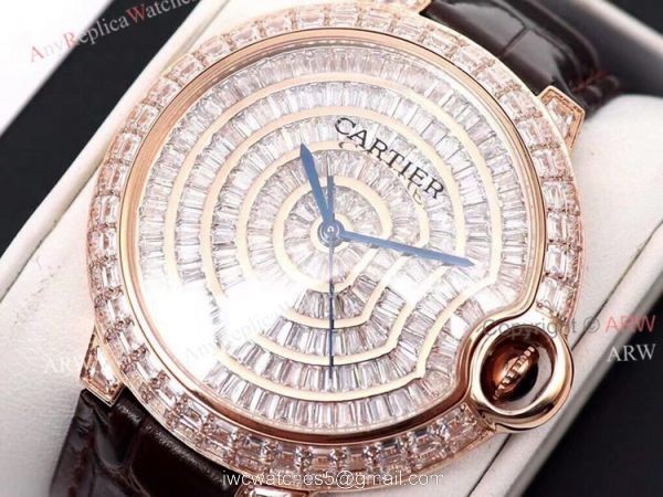 Replica Cartier Ballon Bleu 42mm Leather Strap Rose Gold Watch With Diamonds 5