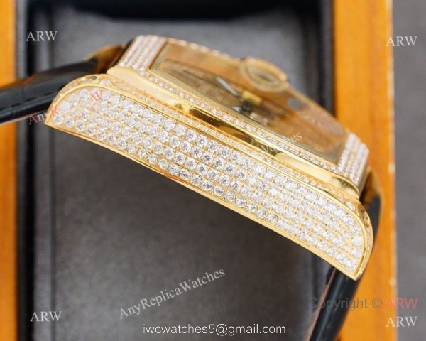 Iced Out Cartier Roadster Chronograph Watches Yellow Gold Case 5