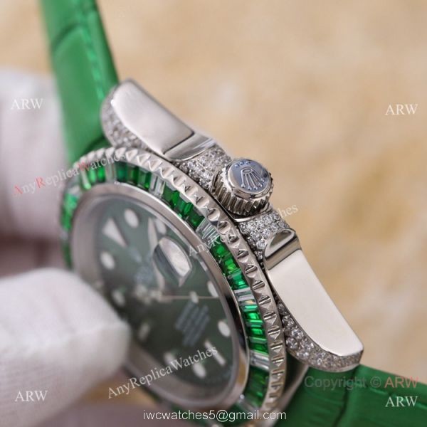 Swiss Quality Rolex Submariner Citizen 8215 Watch Green Leather Strap 5