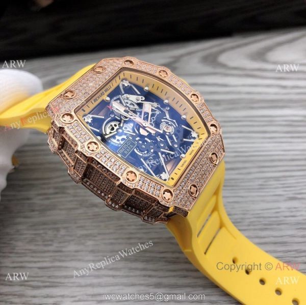 Swiss Quality Richard Mille RM35-01 Rafael Nadal Watch Rose Gold Diamond Yellow Rubber Strap 5