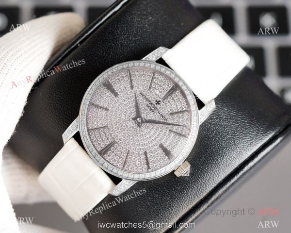 NEW! Swiss Grade Copy Vacheron Constantin Traditionnelle Ultra-Thin 33mm Watch Iced Out Silver 5