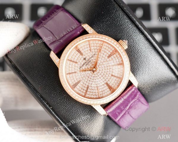 NEW! Swiss Grade Vacheron Constantin Traditionnelle Ultra-Thin Iced Out Rose Gold Watch 5