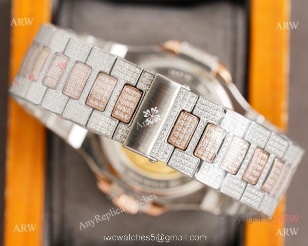 Swiss Grade Patek Philippe Nautilus 40mm Watch 9015 Ultra-thin Full Diamond Dial 2-Tone Rose Gold 5