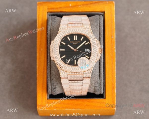 Swiss AAA Replica Patek Philippe Nautilus 9015 Ultra-thin Watch Rose Gold Iced Out Black Dial 40mm 5