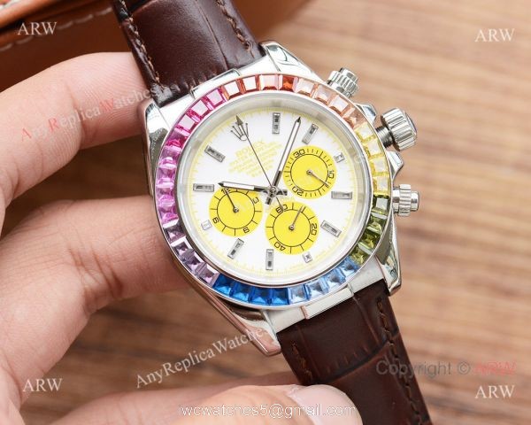 Fake Rolex Daytona Rainbow Watch Leather Band White Dial Japan-quartz 5
