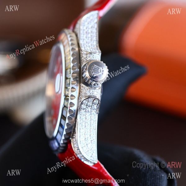 Top Replica Rolex Submariner Rainbow Bezel Red Leather Diamond Watch 5