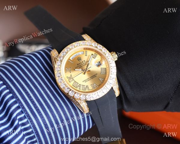 Replica Rolex Day-Date Diamond Gold Bezel Black Face 40 MM Watch 5