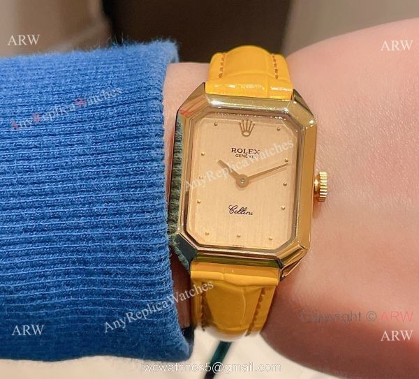 Replica Rolex Cellini 24MM Yellow Dial Gold Case Leather Strap Watch For Lady 5