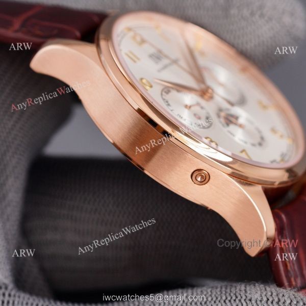 Fake IWC Portuguese Moonphase Rose Gold Case 42MM Brown Leather Strap Watch 5