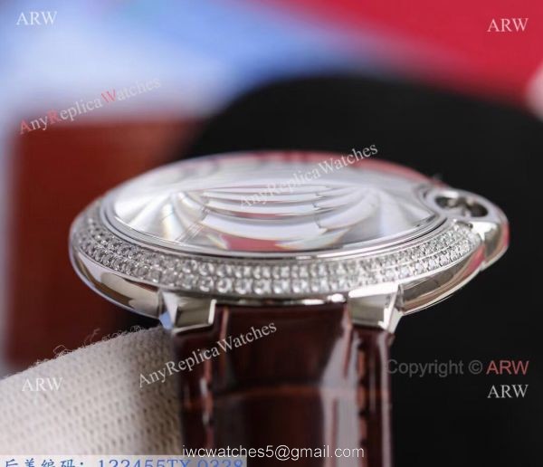 Replica V6 Cartier Balloon Blue Diamond Bezel White Face Watch Brown Leather Strap 5