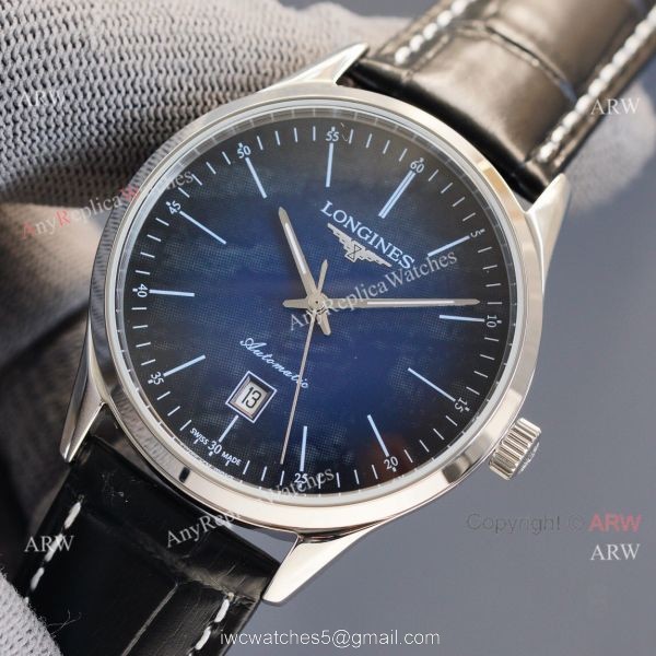 Replica Longines Elegant Gray Meteorite Texture Dial Black Leather Strap Watch 8215 Movement 5
