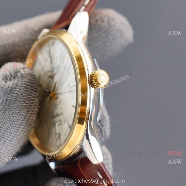 Replica Longines Elegant Rose Gold Bezel 8215 Movement White Dial Brown Leather Strap Watch 5