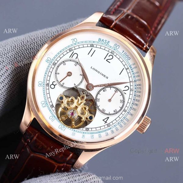 Copy Longines Master Tourbillon Rose Gold Case Black Face Leather 42MM Watch 5