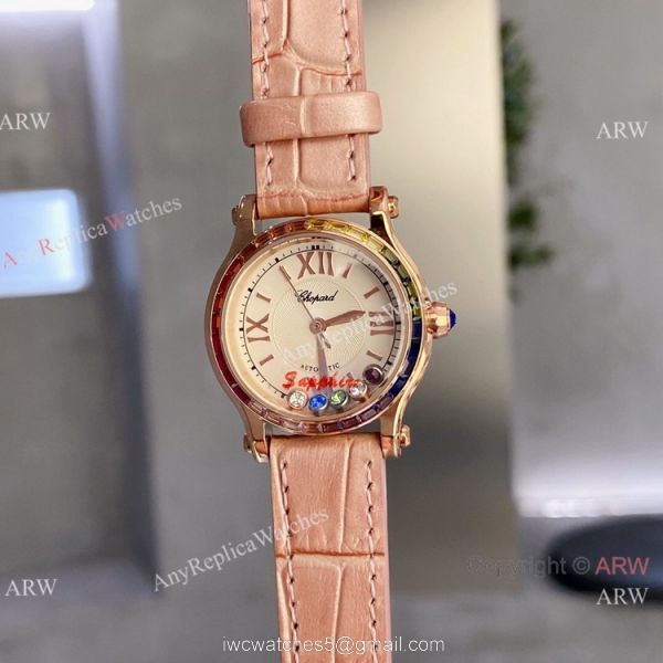 Replica Chopard Happy Sport Quartz 30mm Watch Rainbow bezel Rose Gold 5