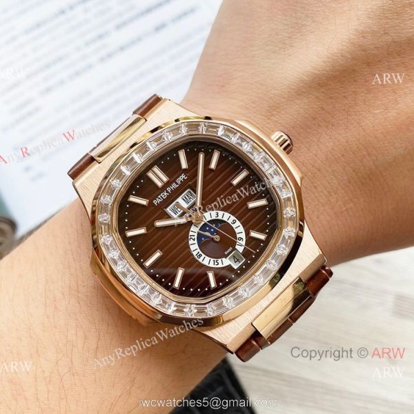 Clone Patek Philippe Annual Calendar Nautilus Watch Brown Leather Strap Diamond Bezel 5