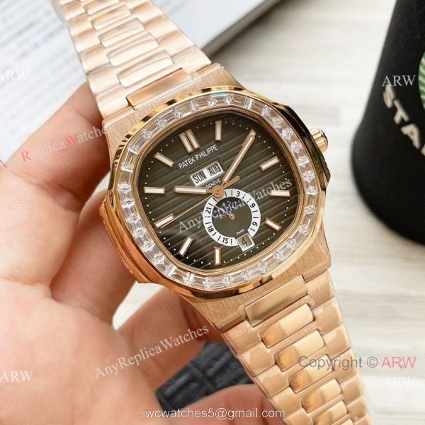 Clone Patek Philippe Nautilus Annual Calendar 42 Watches Rose Gold Diamond Bezel 5