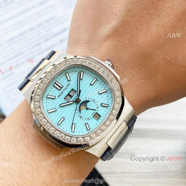 New Clone Patek Philippe Nautilus Annual Calendar Watch Baby Blue Face with Diamonds 5