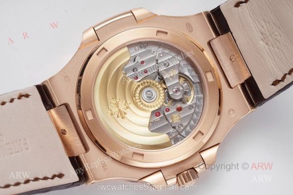 Swiss Patek Philippe Nautilus Rose Gold Grey Dial Brown Leather Strap Replica Watch 5