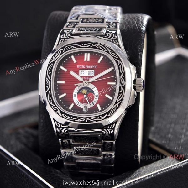 Copy Patek Philippe Nautilus Annual Calendar Watches Silver Dial Engraving Case 5