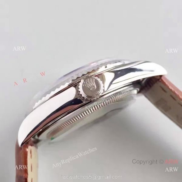Swiss Coipy Rolex Day Date Oyster Watch Brown Dial Brown Leather Replica 6