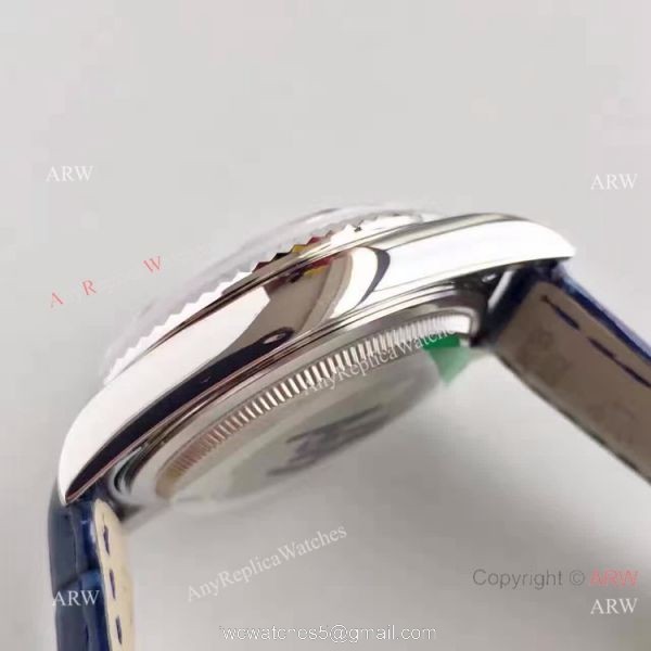Swiss Copy Rolex SS Day Date Oyster Watch Blue Dial Blue Leather Replica 6