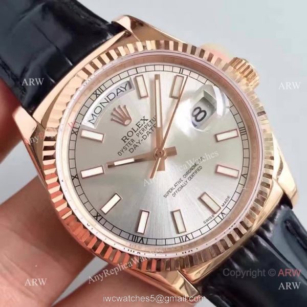 Swiss Copy Rolex Rose Gold Day Date Watch Silver Dial Black Leather Replica 6