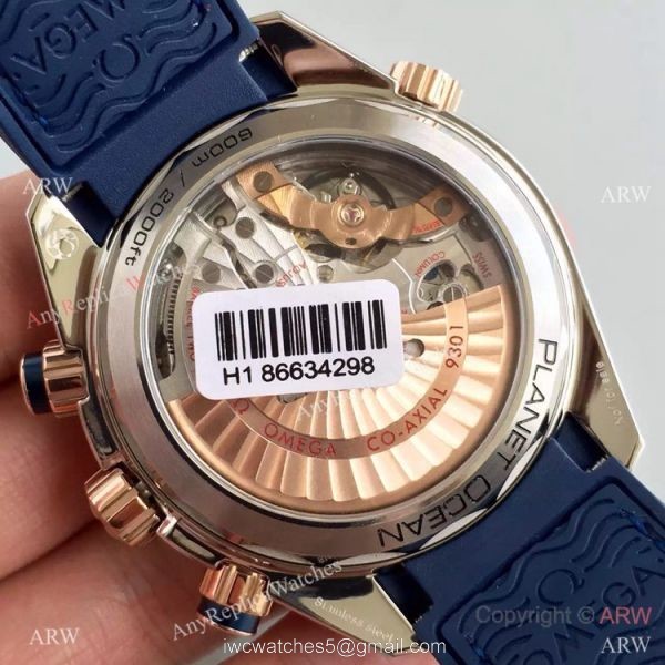 (OM)New Copy Swiss Omega Seamaster 9900 Watch Rose Gold Blue Leather 6